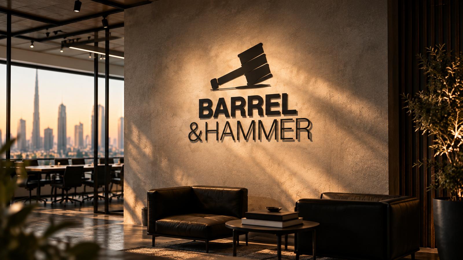 Barrel & Hammer studio with the brand wall and the Dubai skyline beyond